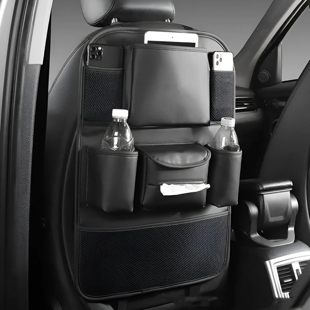 Leather car seat back storage bag shown in one of four colour options: black, grey, green, or brown.