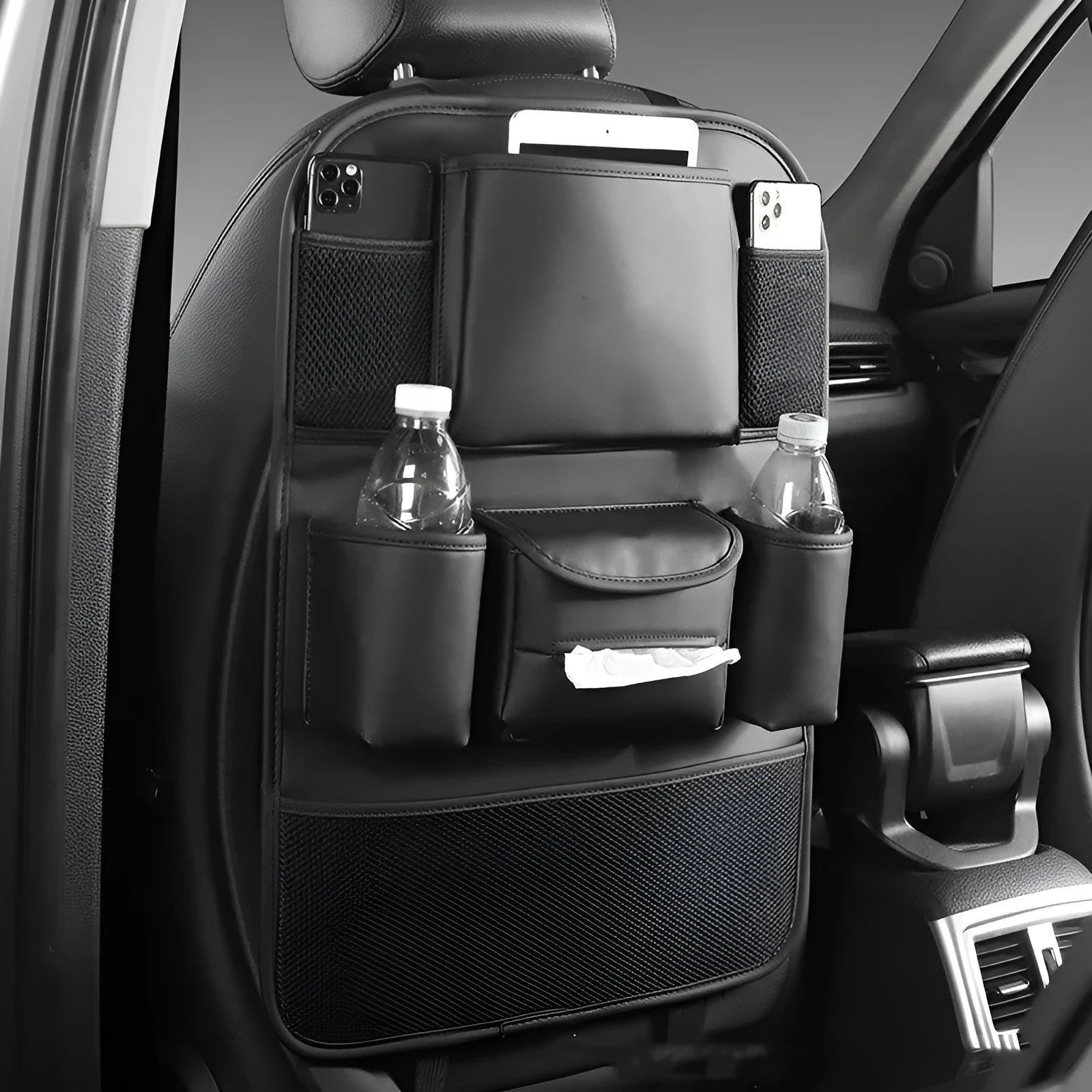 Leather car seat back storage bag shown in one of four colour options: black, grey, green, or brown.