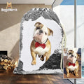 Personalised pet photo backpack with purple sequins and custom dog photograph, drawstring closure