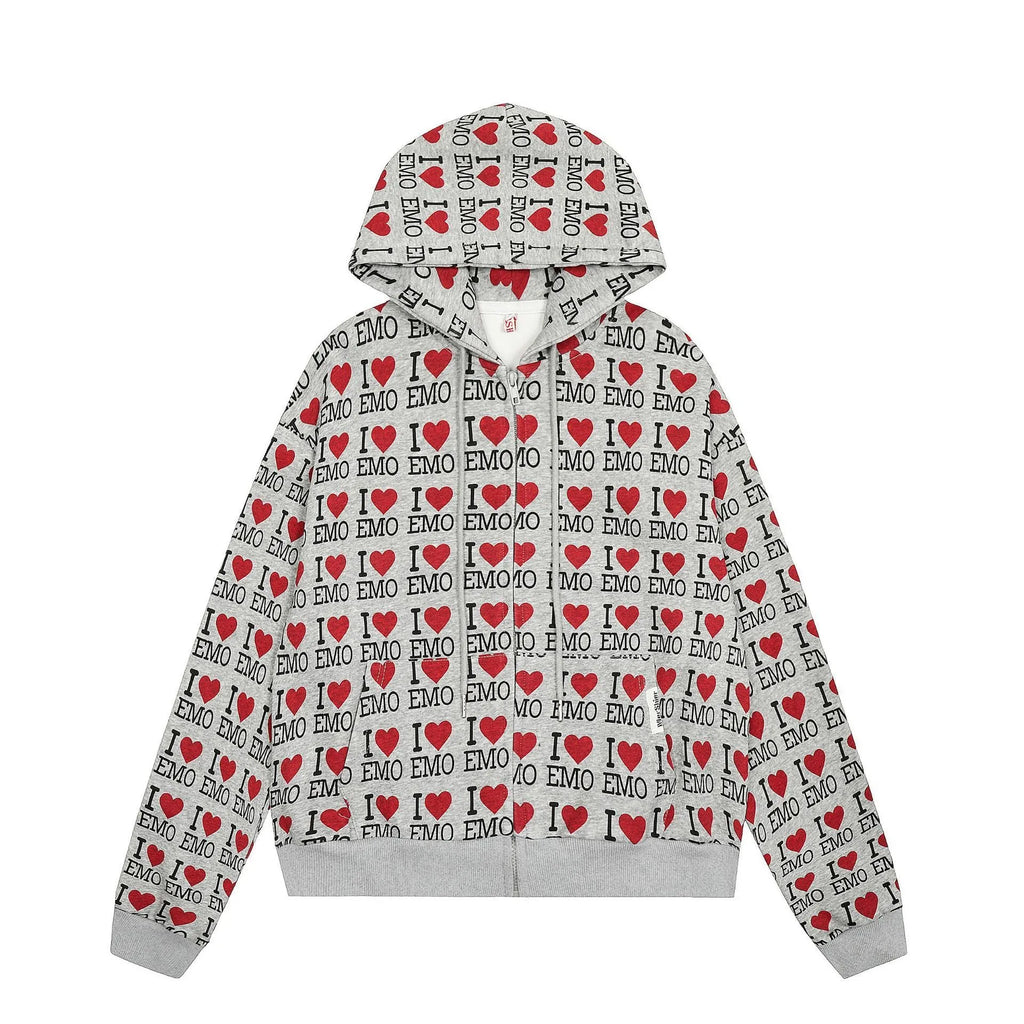 Women's grey hooded cardigan with a colourful autumn-themed retro pattern print on the front.