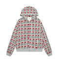Women's grey hooded cardigan with a colourful autumn-themed retro pattern print on the front.