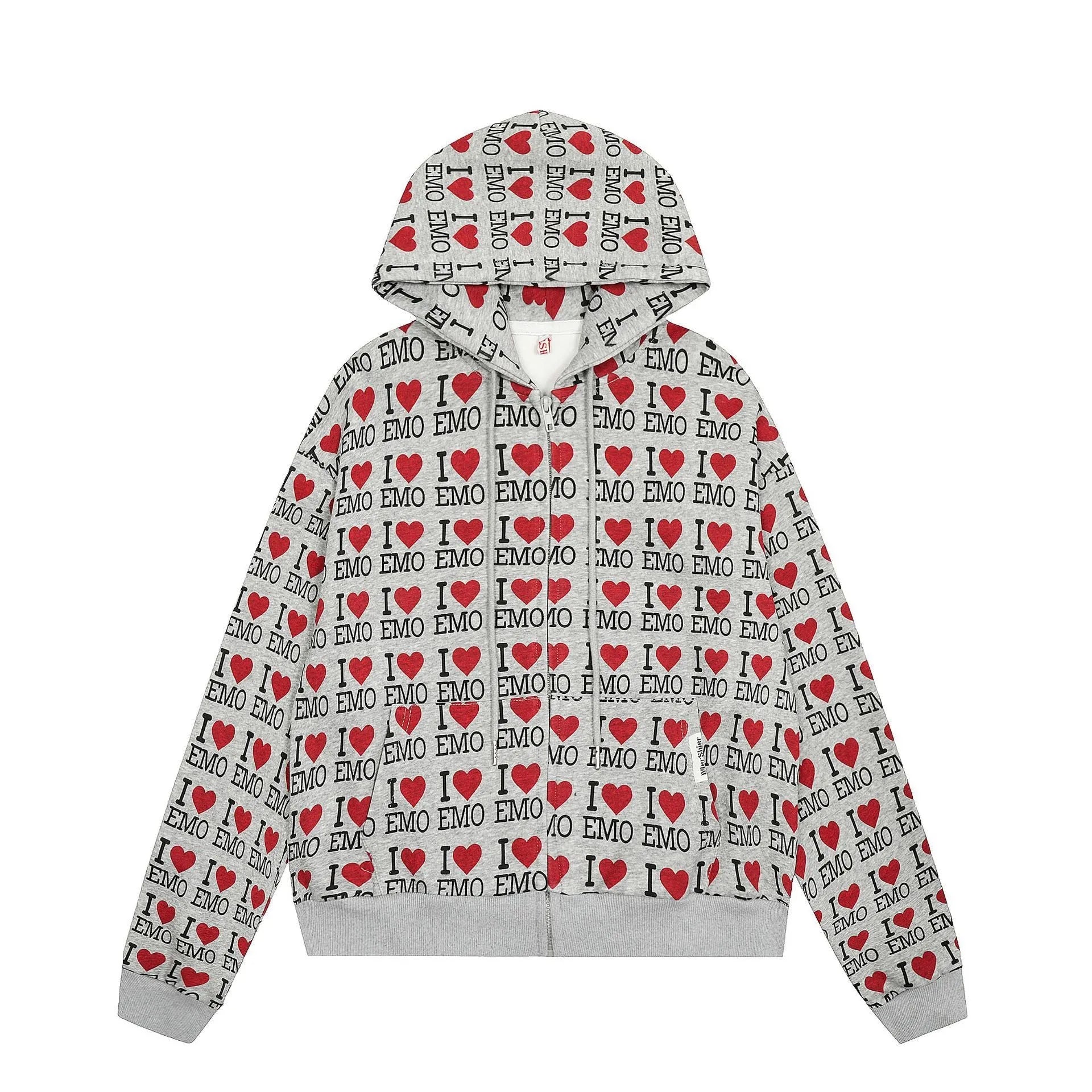 Women's grey hooded cardigan with a colourful autumn-themed retro pattern print on the front.