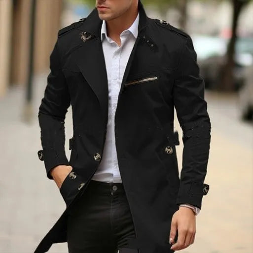 Men's lapel-style casual jacket in army green, shown mid-length with side seam pockets.