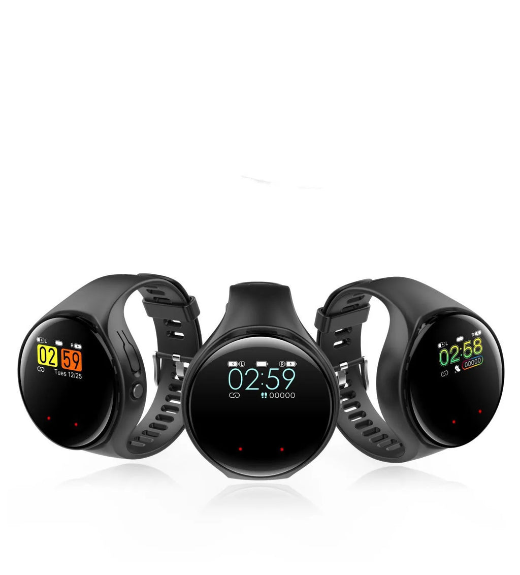 Black Bluetooth headset and smart bracelet combo watch with detachable TWS earbuds on a charging cable.