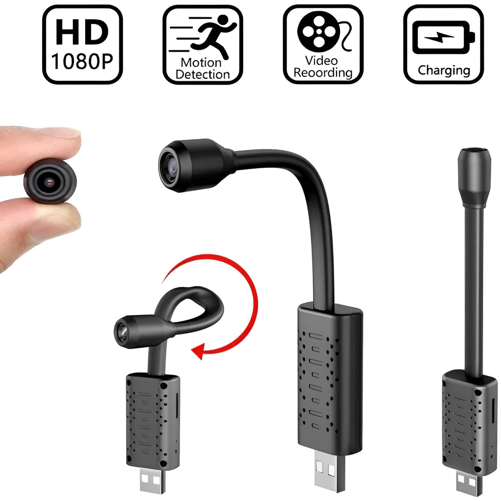 Black V380 wireless USB HD camera on a stand, showing compact size and memory card slot.