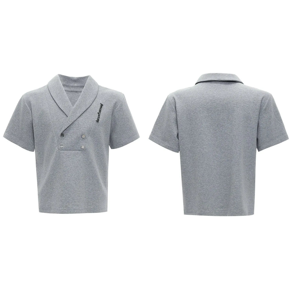 Men's dark cotton sports suit with padded shoulder V-neck top and matching shorts with metal embellishments
