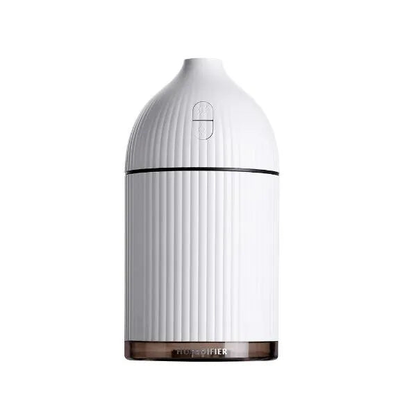 White ultrasonic essential oil diffuser and humidifier with LED light, 300ml capacity, USB cable.
