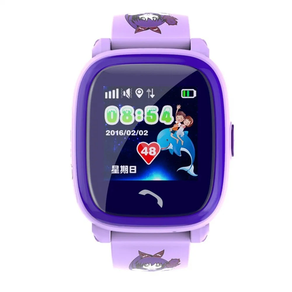 Blue DF25 children's waterproof smart watch with touch screen and silicone wristband on a wrist.