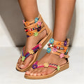 Ethnic beaded petal sandals with floral design on round toe artificial PU upper