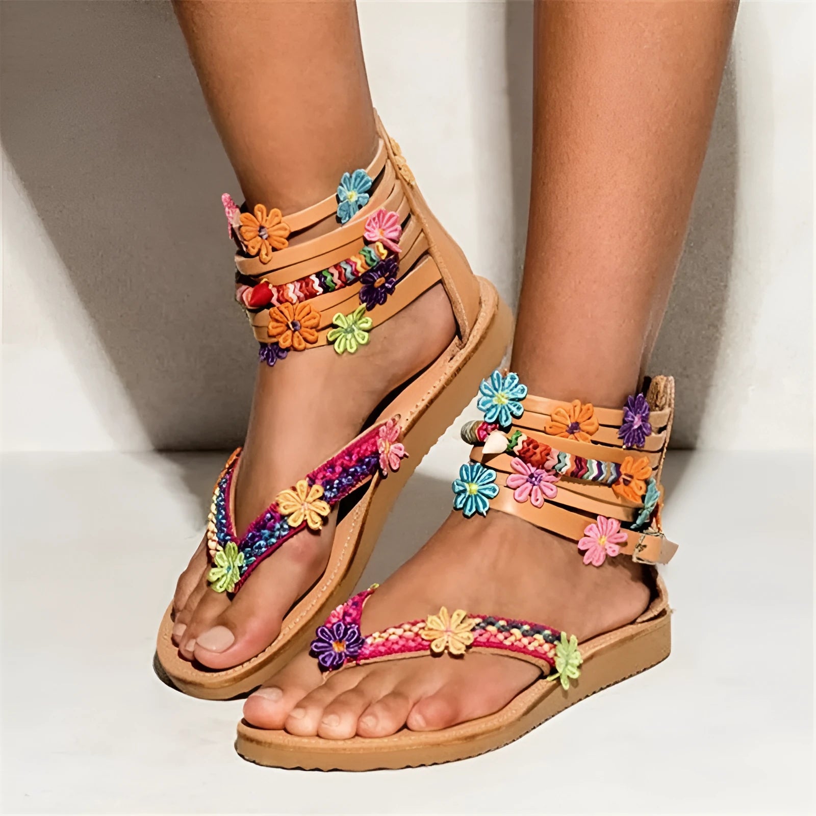 Ethnic beaded petal sandals with floral design on round toe artificial PU upper