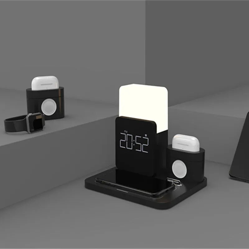 Dark green wireless charging stand holding mobile phone upright with cooling fan visible