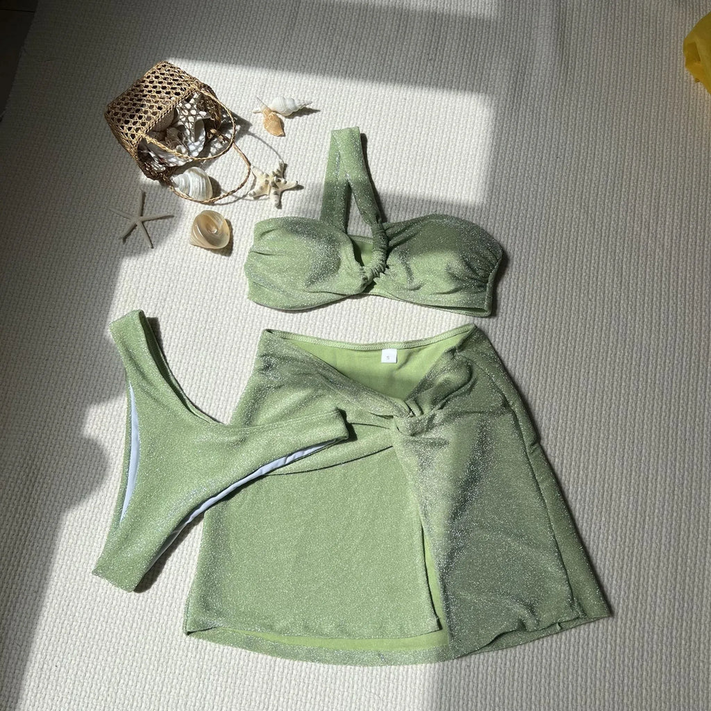 Women's one-shoulder tube top swimsuit three-piece set in glossy polyester fabric