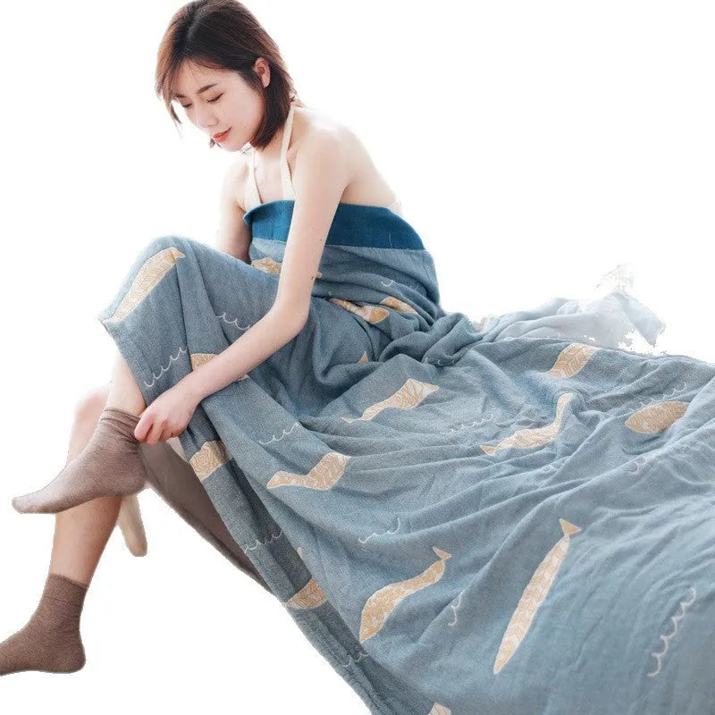Pure cotton five-layer gauze bed sheet blanket in Roulette Wheel Blue with modern simplicity pattern