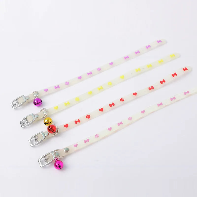 Glow-in-the-dark adjustable cat collar with metal bell in love, fishbone, footprint or paw print design