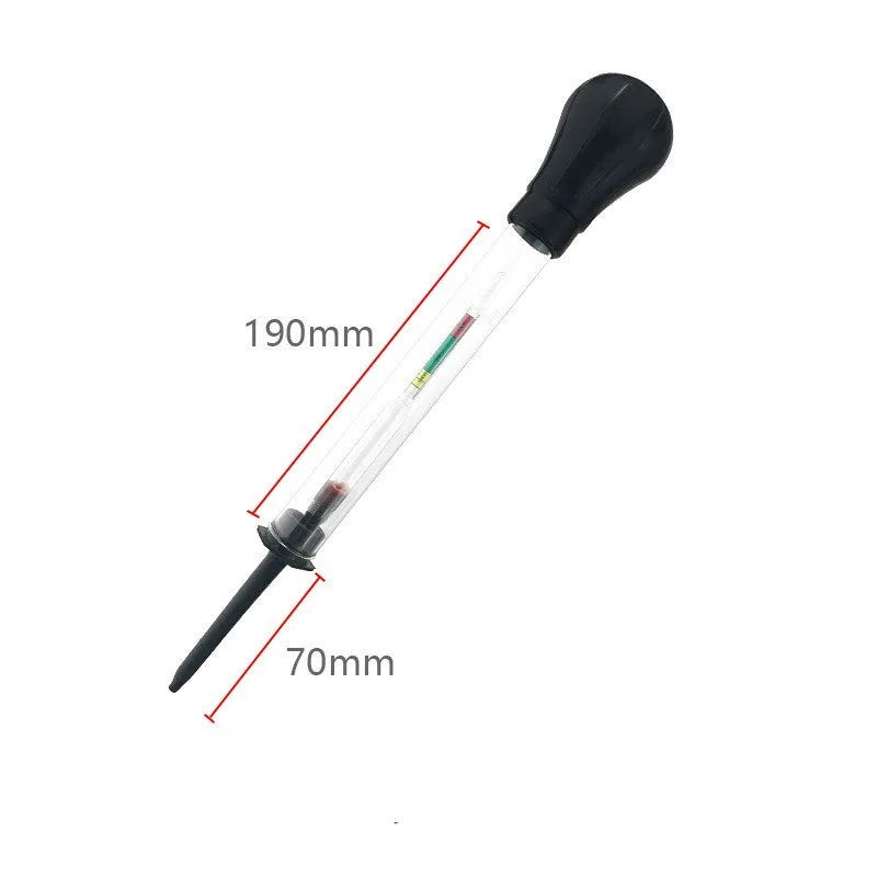 Electrohydraulic hydrometer for automotive battery electrolyte density testing with glass tube and suction mechanism