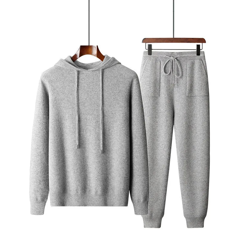 Men's light grey cashmere hoodie and pants casual winter set laid flat