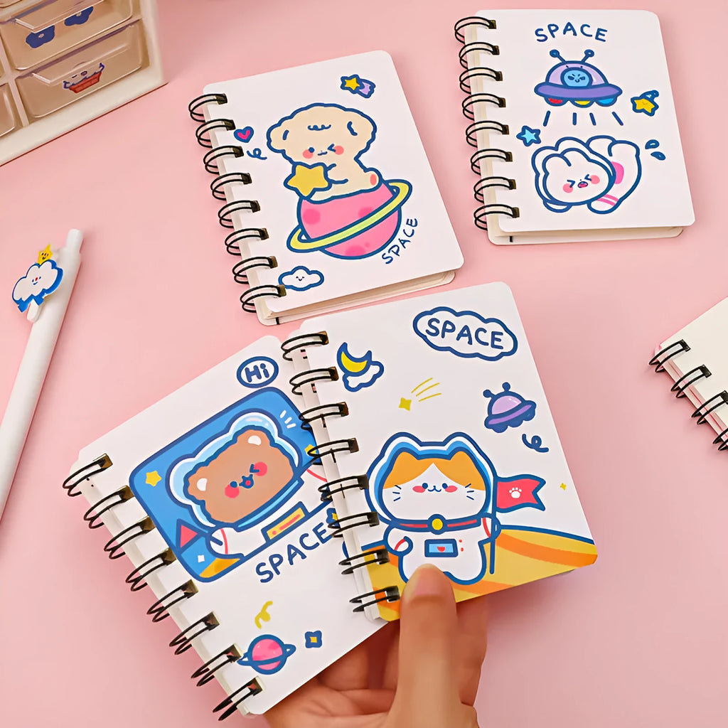 Astronaut-themed portable pocket flipper notebook showing 10.5x8cm size and cover design options