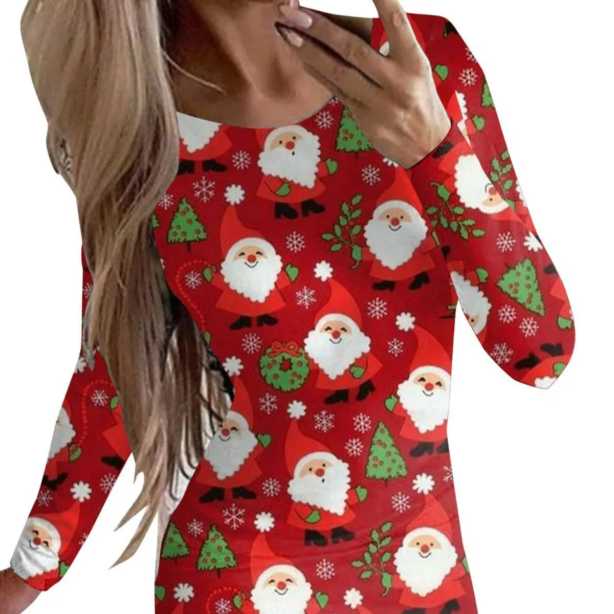 Christmas printed floral pattern dress with round neck and long sleeves in tight fit