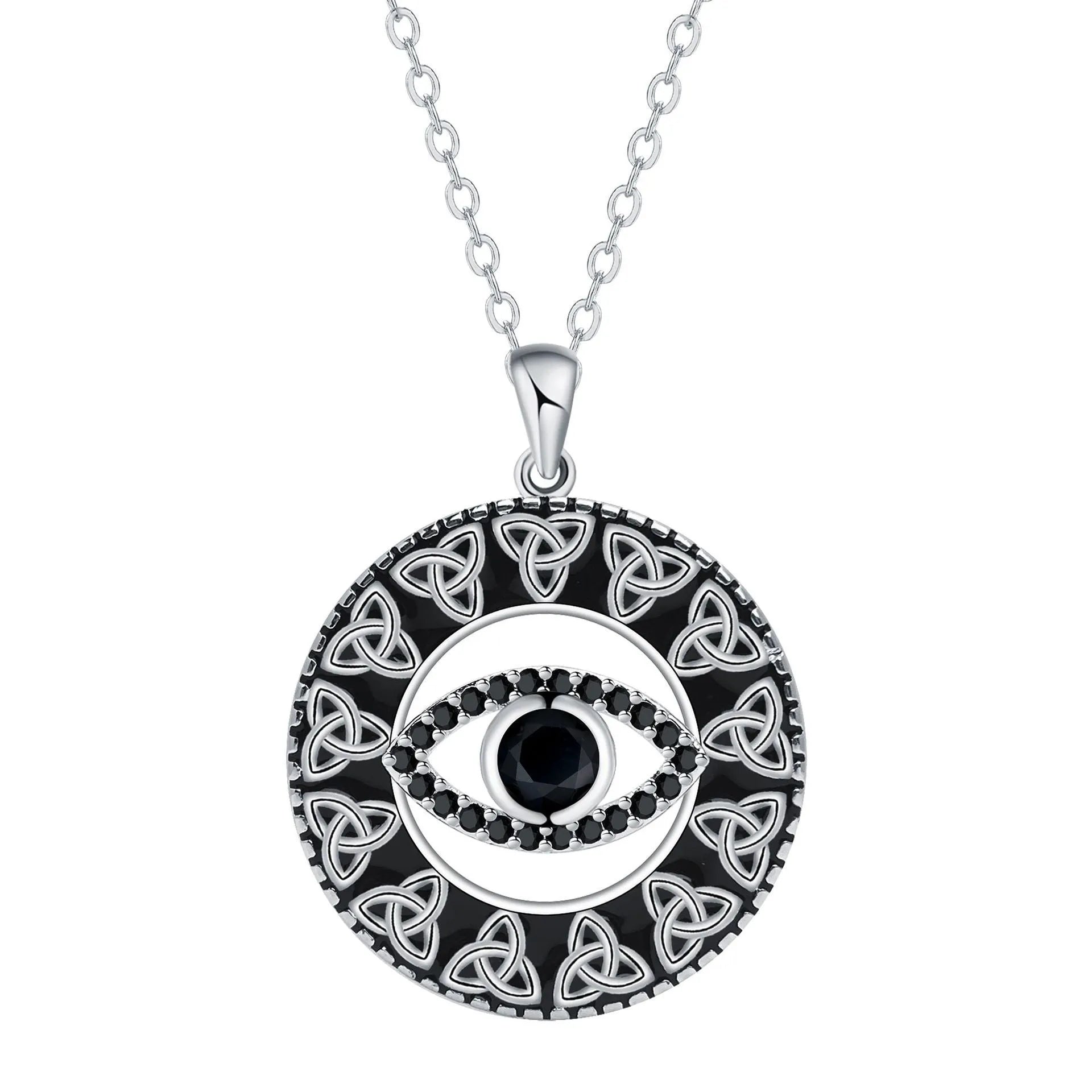 Close-up of a copper Devil's Eye pendant necklace with an electroplated finish on a matching cross chain.