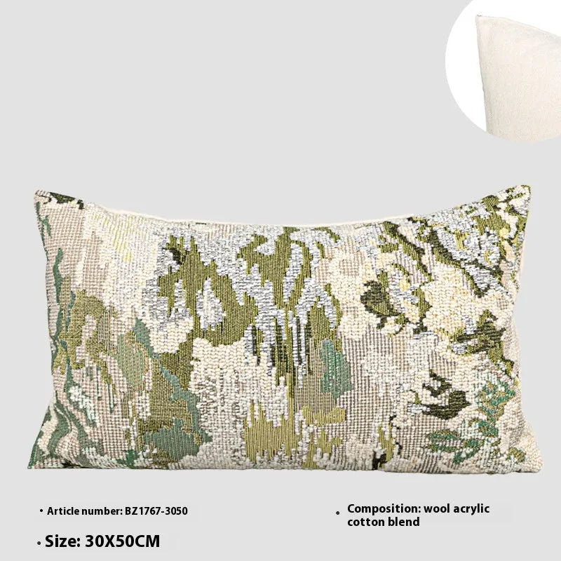 Antique green wool blend pillowcase with French style spring flowers botanical pattern