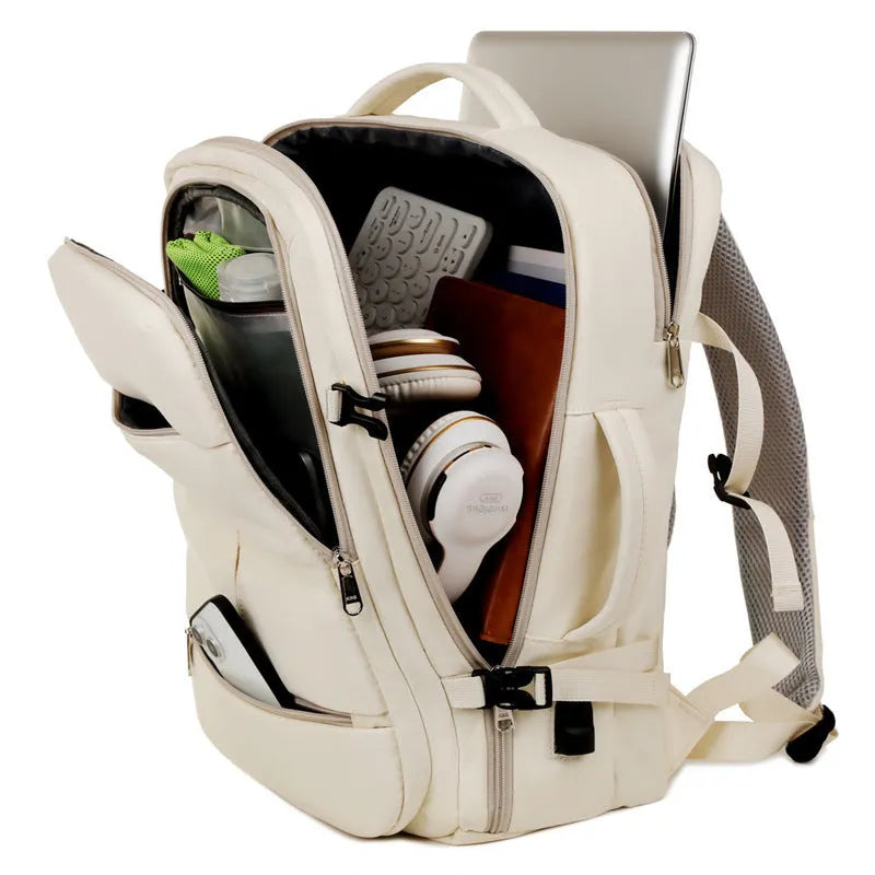 Waterproof Oxford cloth backpack in colour options showing multiple pockets and zippers, sized for a 15.6 inch laptop.