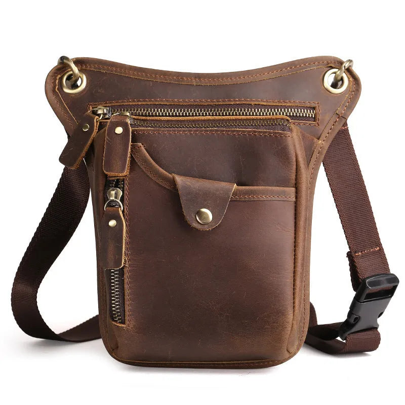 Men's brown crazy horse leather retro satchel bag with a shoulder strap.