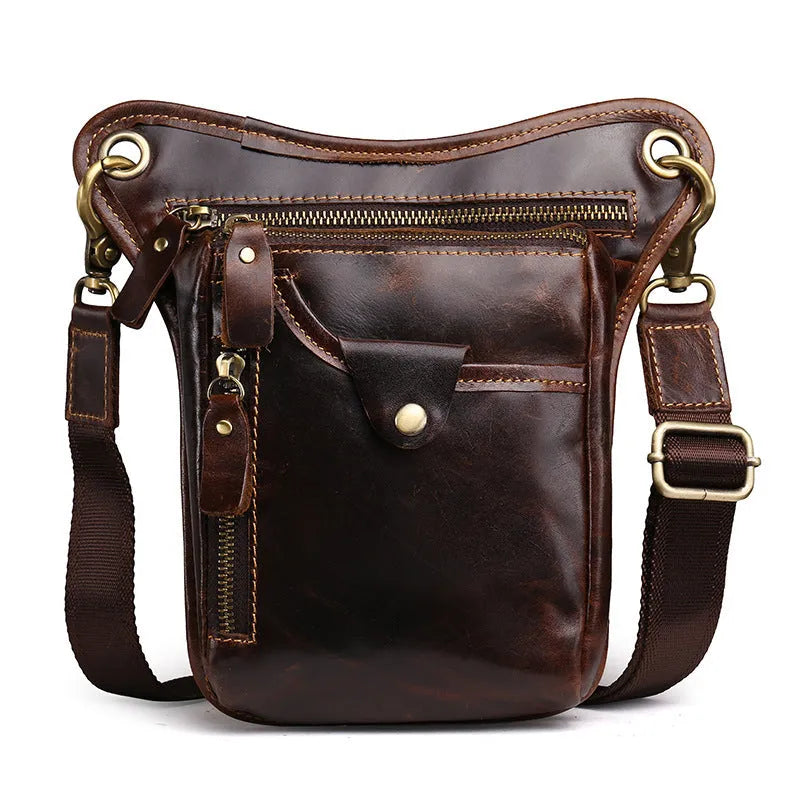 Men's brown crazy horse leather retro satchel bag with a shoulder strap.