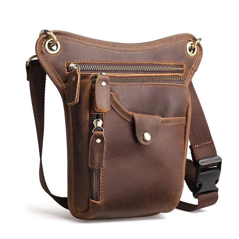 Men's brown crazy horse leather retro satchel bag with a shoulder strap.