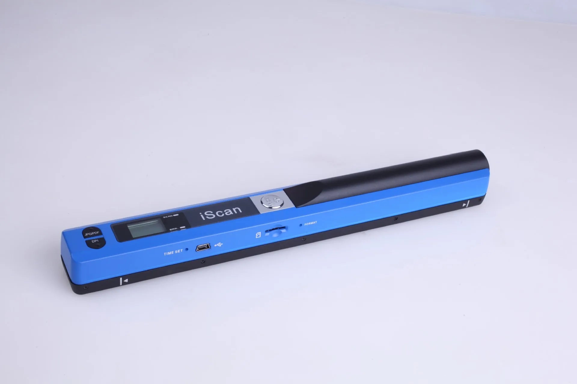 Handheld plastic scanner shown in one of five colour options: black, blue, green, red, or silver.