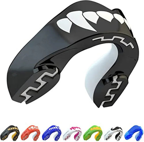 Adult boxing mouthguard with tooth socket design in black and white printed teeth pattern