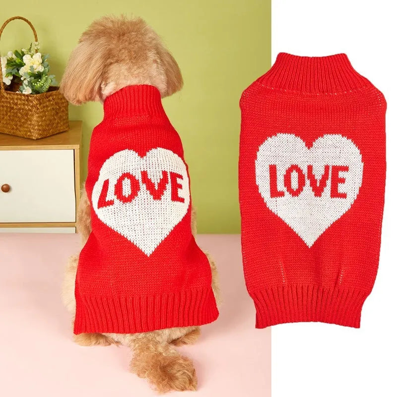 Red acrylic dog sweater with a large white love heart design on the back.
