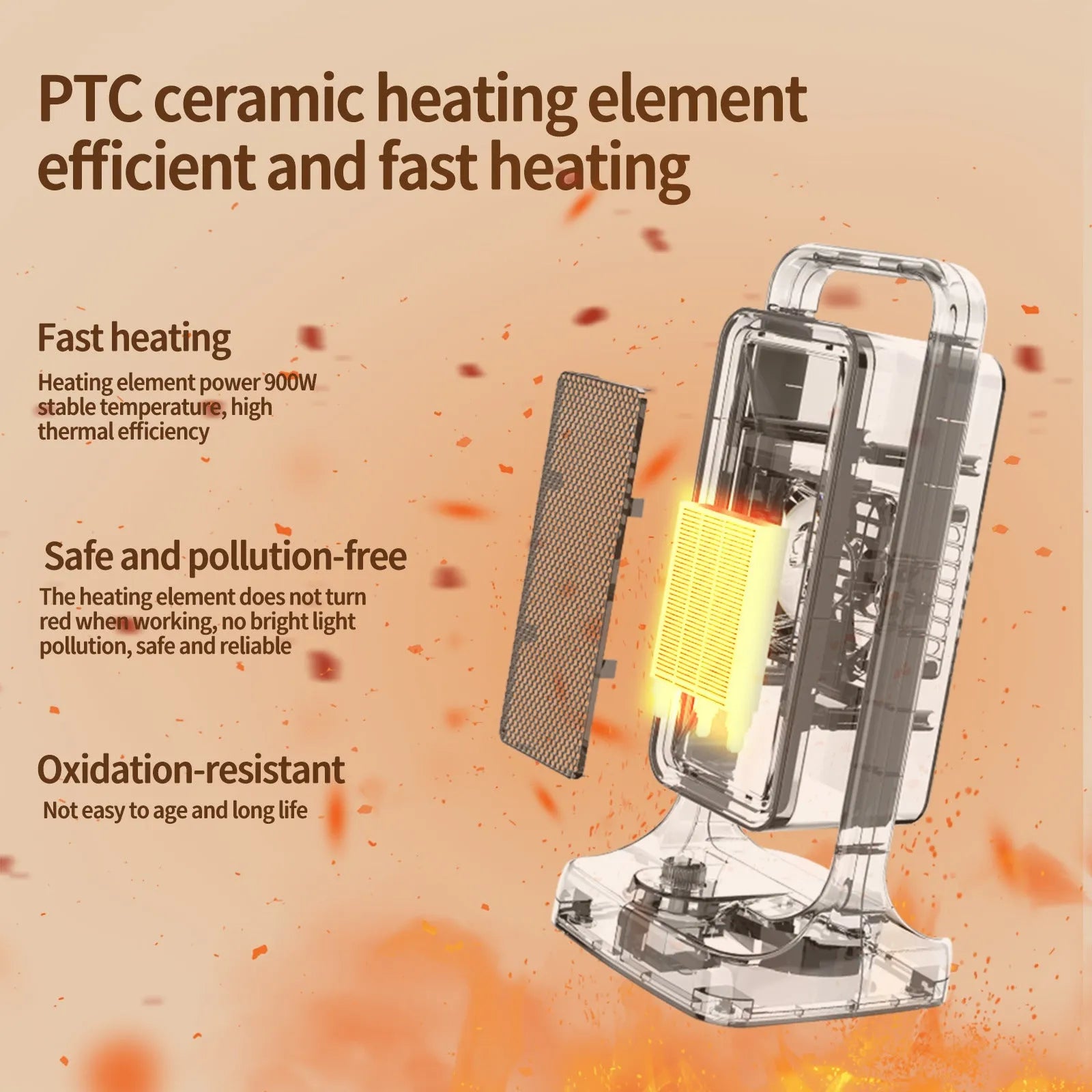 Black PTC ceramic desktop air heater with control knob and compact 14.9x11.1x33.5cm dimensions