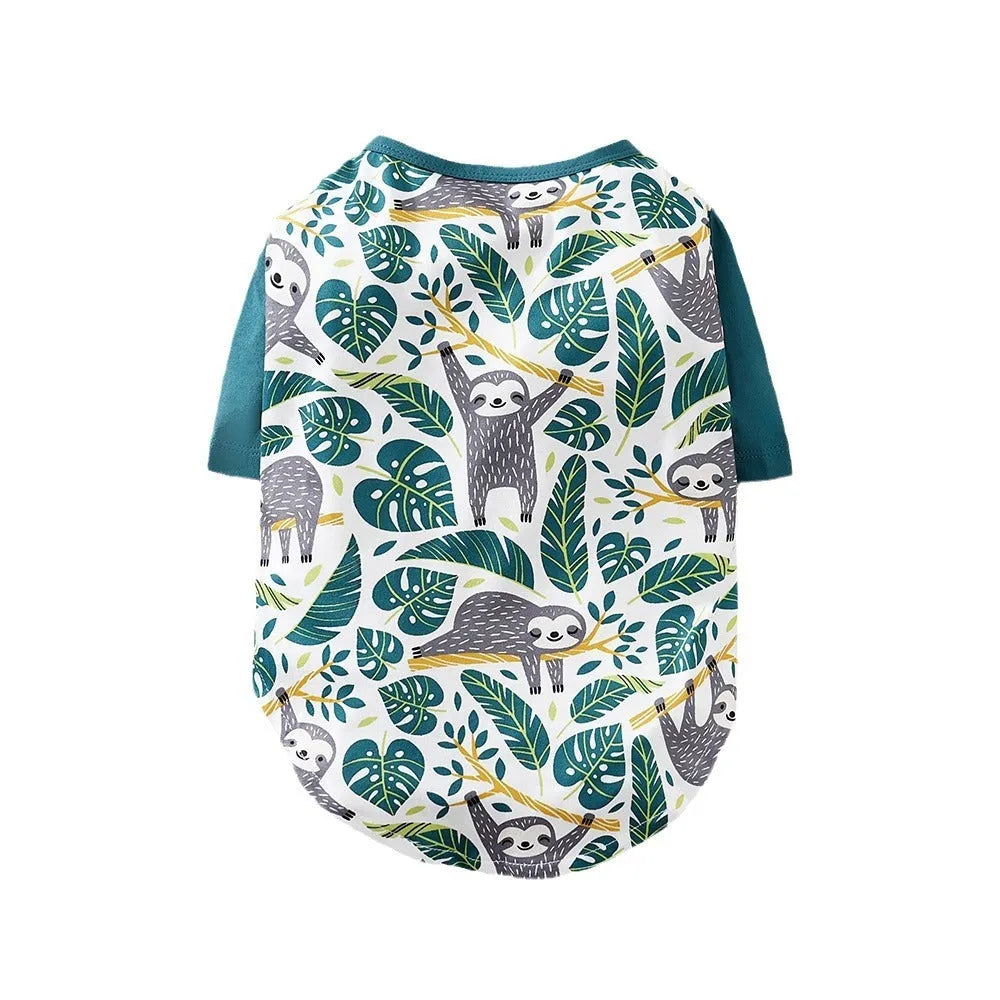 Colourful printed polyester t-shirt for a small dog showing casual spring and autumn pet clothing.