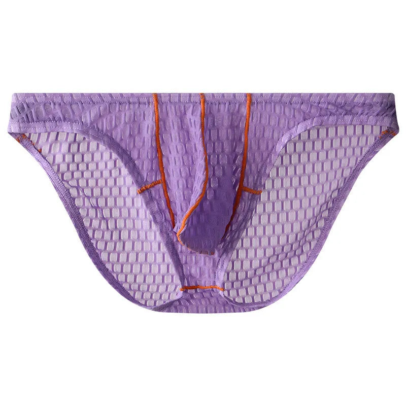 Men's low waist lace briefs in white, black, green, rose red, or light purple on a plain background.
