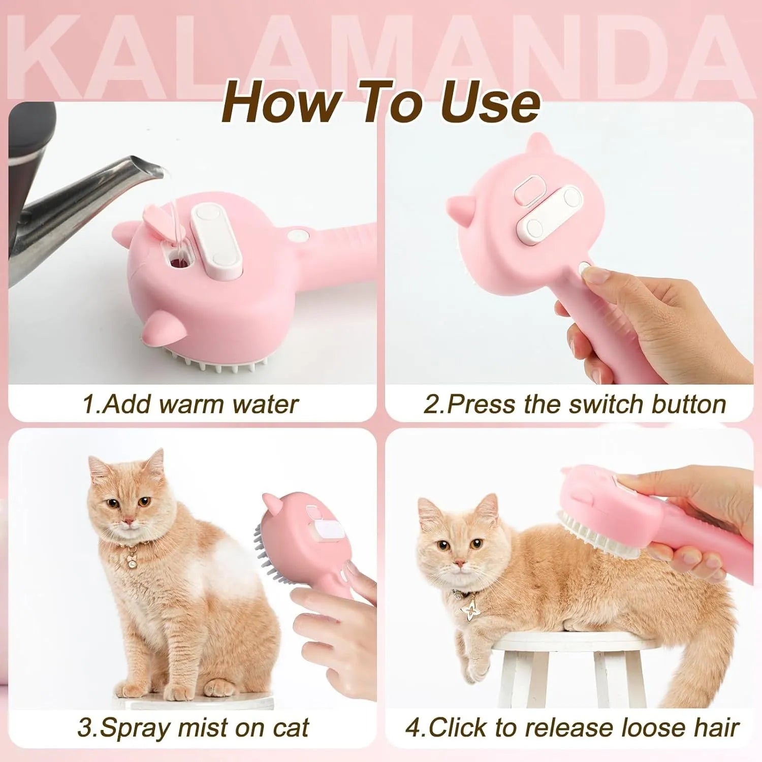 Cat steam brush with blue handle, rubber bristles, and release button for pet grooming