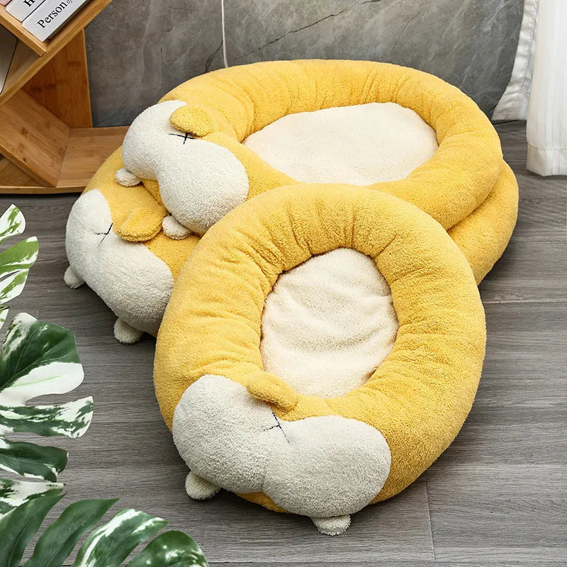 Corgi shaped soft plush pet bed for dogs and cats on a white background