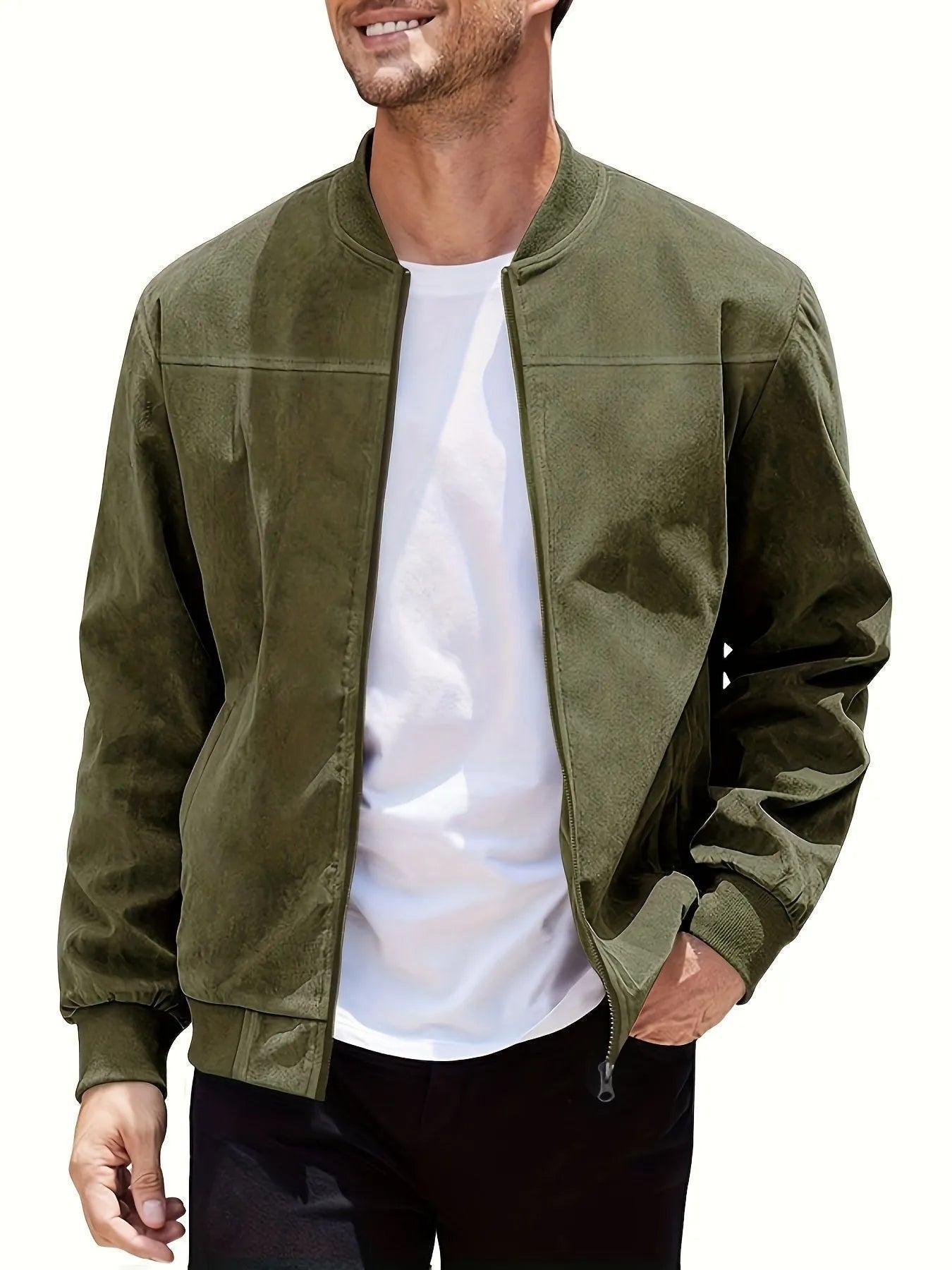Men's plus size suede casual zip-up jacket in army green on a hanger.