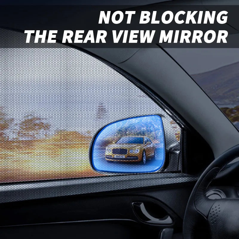 Set of grey non-woven fabric car side window sunshades with elastic edges on a car window.