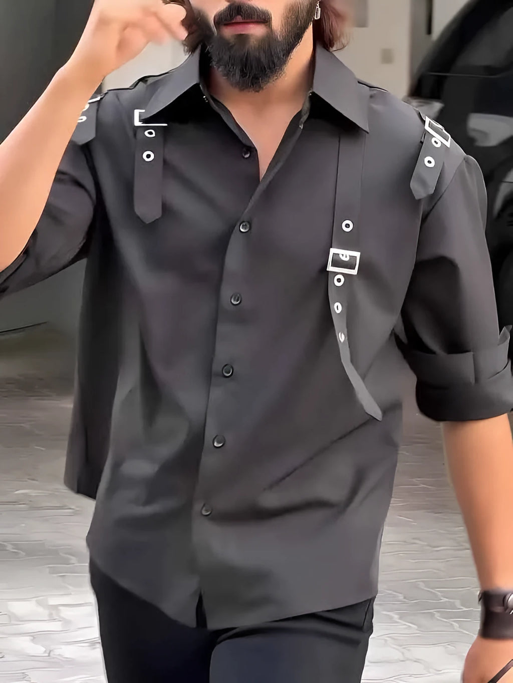 Men's black polyester utility button-up shirt with regular fit design