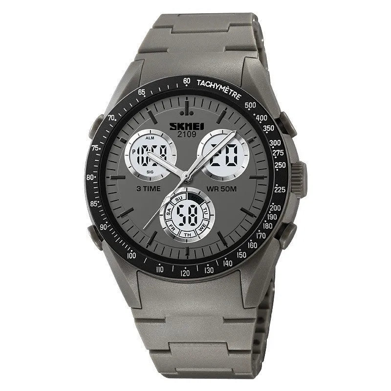 Digital casual watch with a black camouflage TPU strap and resin lens showing time on display.