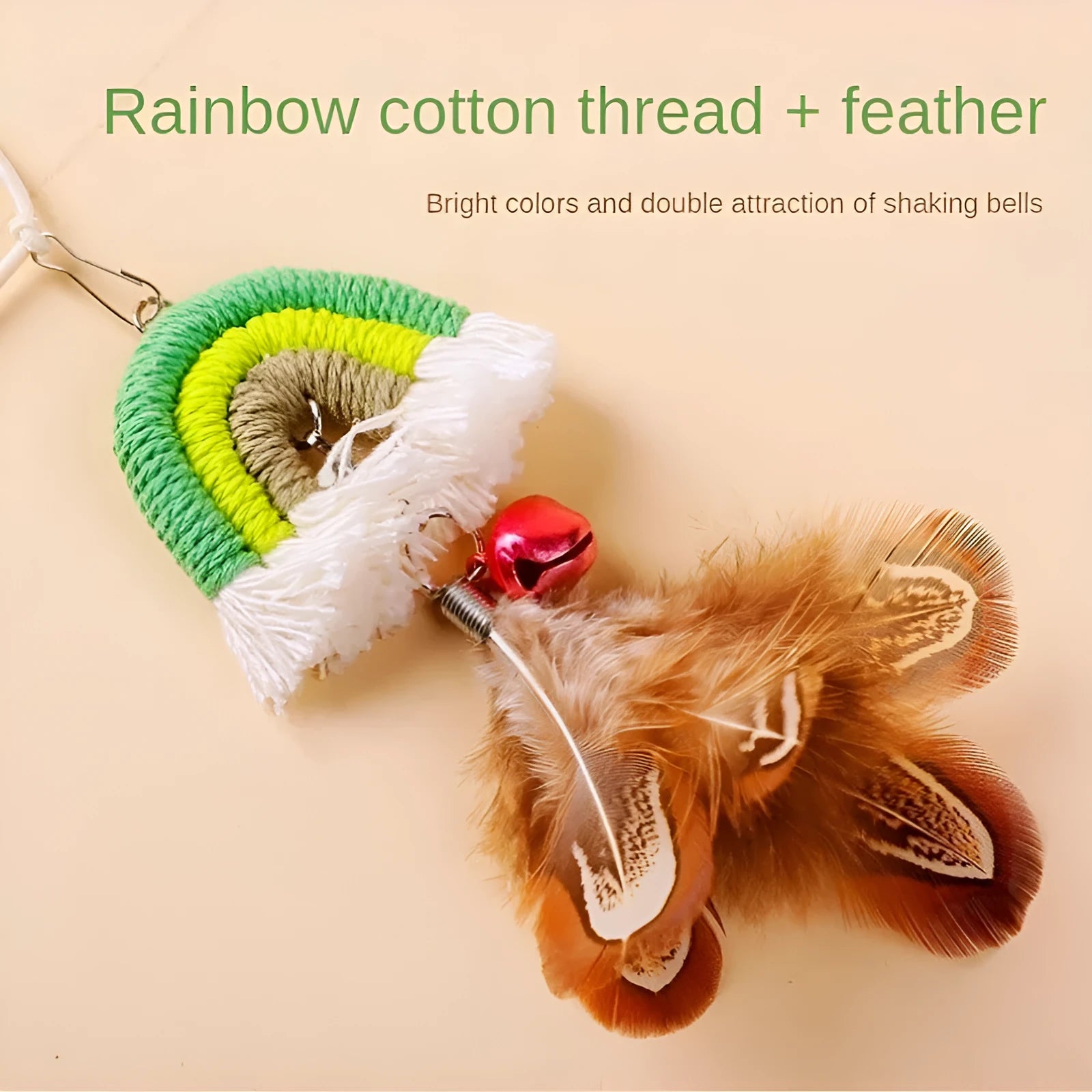 Feather cat rope door swing toy with elastic cord and sticky buckle clamp in blue, green and pink colours