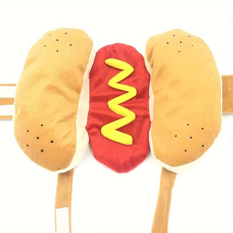 Red and brown hot dog costume on a Dachshund dog, showing the stuffed design and long body fit.