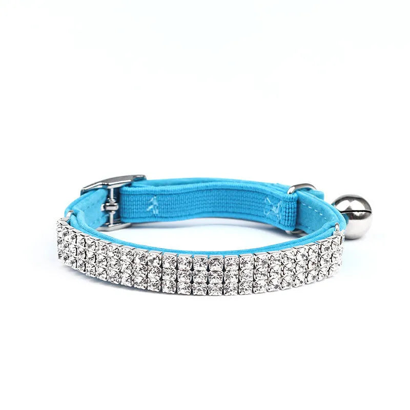 Velvet suede cat collar with rhinestone decoration in five colour options, adjustable 20-30cm length