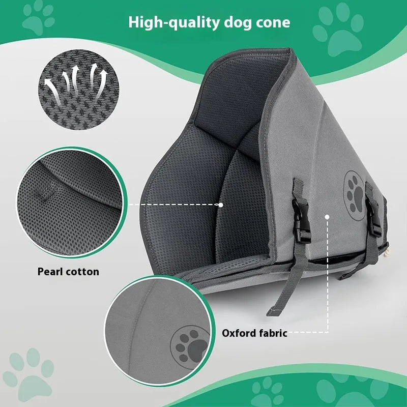 Soft grey adjustable polyester protective collar ring for a dog or cat post-surgery.