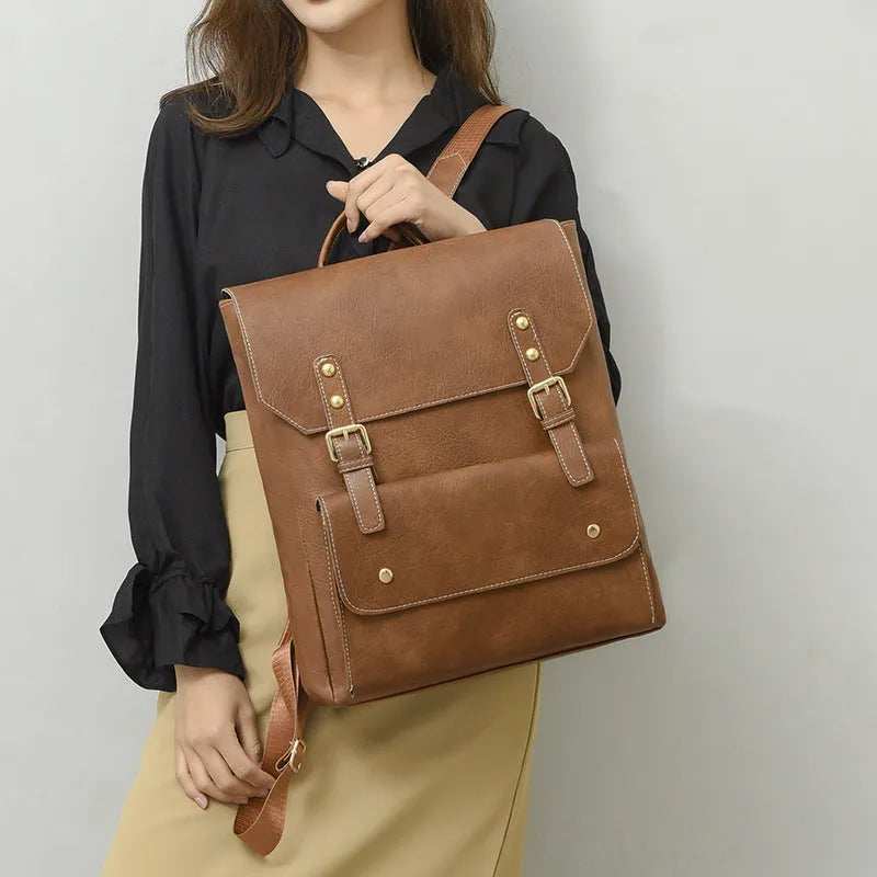 Korean style soft PU retro backpack shown in black, brown, creamy white, and dark brown colours.