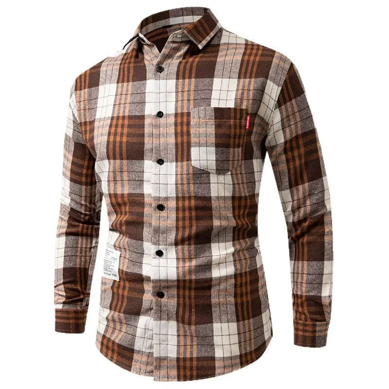 Men's long-sleeved plaid casual Korean-style versatile top shirt cardigan, loose fit, brown grid, polyester