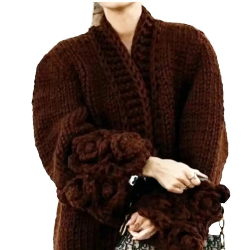 Long sleeve coarse woven knitted cardigan with petal sleeves in milky white for women