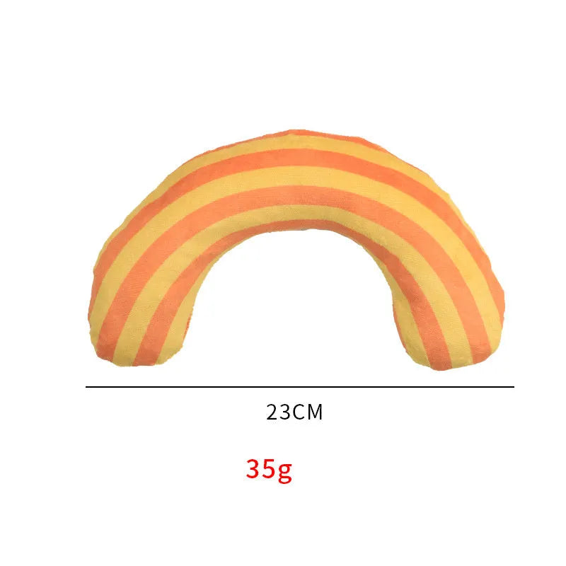 Striped pattern cat pillow toy measuring 23x20cm with built-in catnip and noise component.