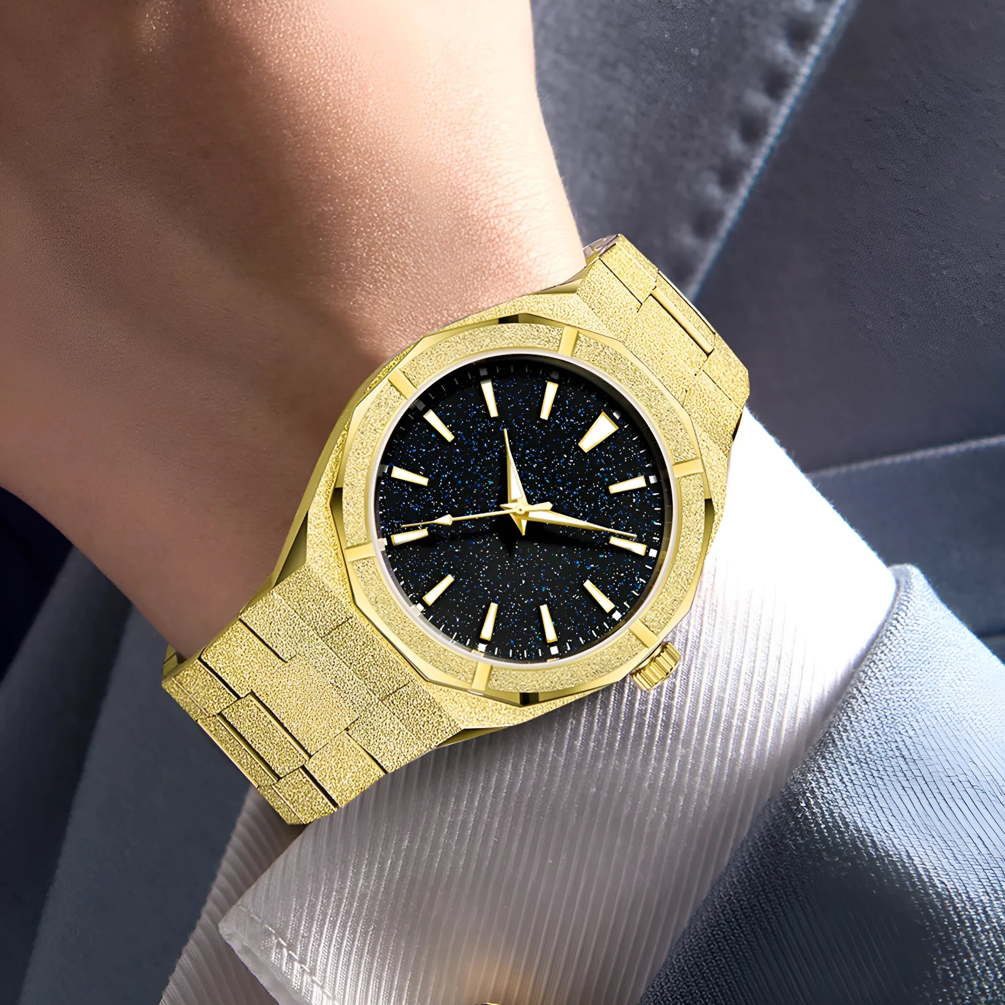 Men's stainless steel business watch with luminous markers in black, gold, or silver