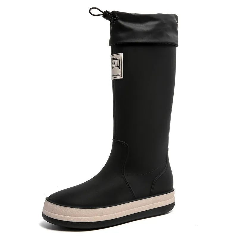 Couple PVC platform high tube rain boots in solid colour for outdoor camping waterproof non-slip